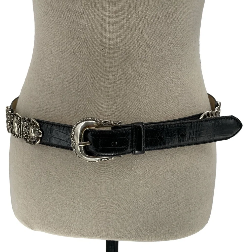 Fossil Black Croco Embossed Cowhide Belt Scrolled Silver Tone Accents/Buckle - L